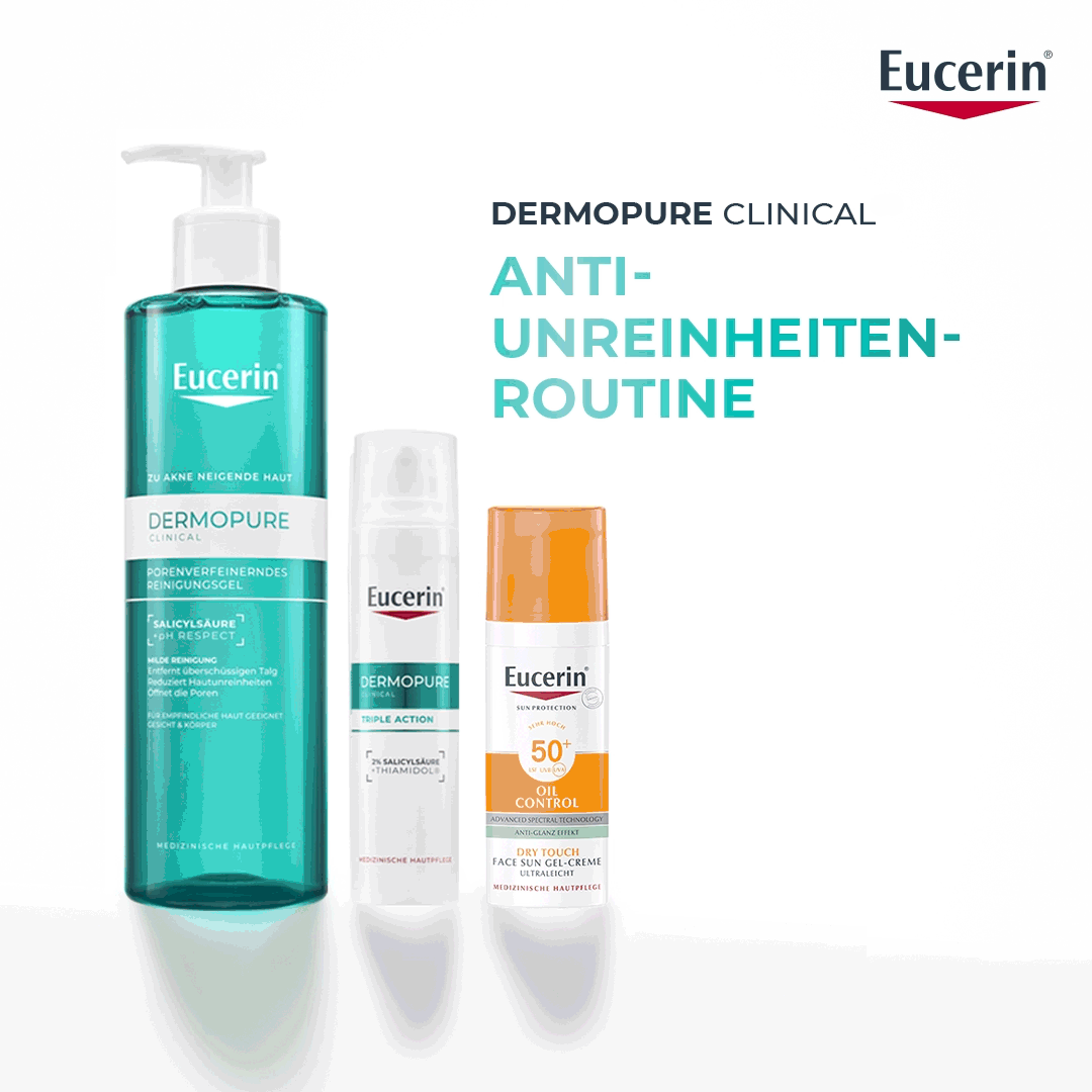Drei Produkte nebeneinander. Reinigungsgel, Triple Action, Sun Oil Control LSF 50+. Eucerin-Logo.
